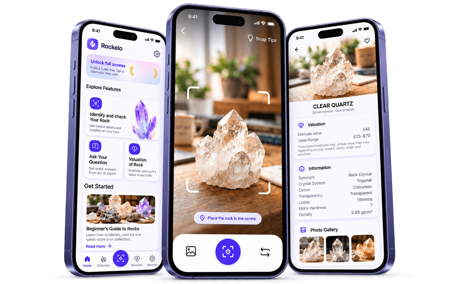 Three Rockelo app screens showing the home, camera scan and clear quartz result views